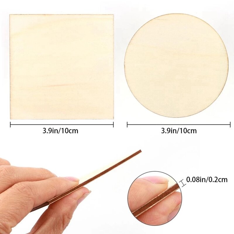 50Pcs Wood Slices 4X4inch Unfinished Wood Pieces Square And Round Wooden For DIY Coaster Arts Painting Staining Crafts