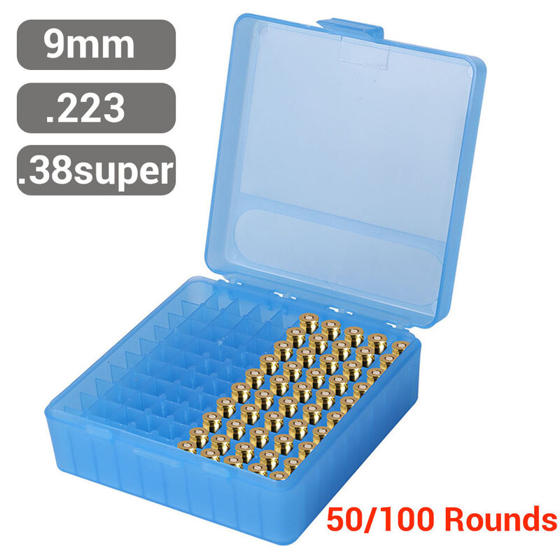 50/100 Rounds Tactical Ammo Box Bullet Shell Holder Box Rifle Cartridge Storage Case Ammo Can for 9mm .223 5.56x39 .38super