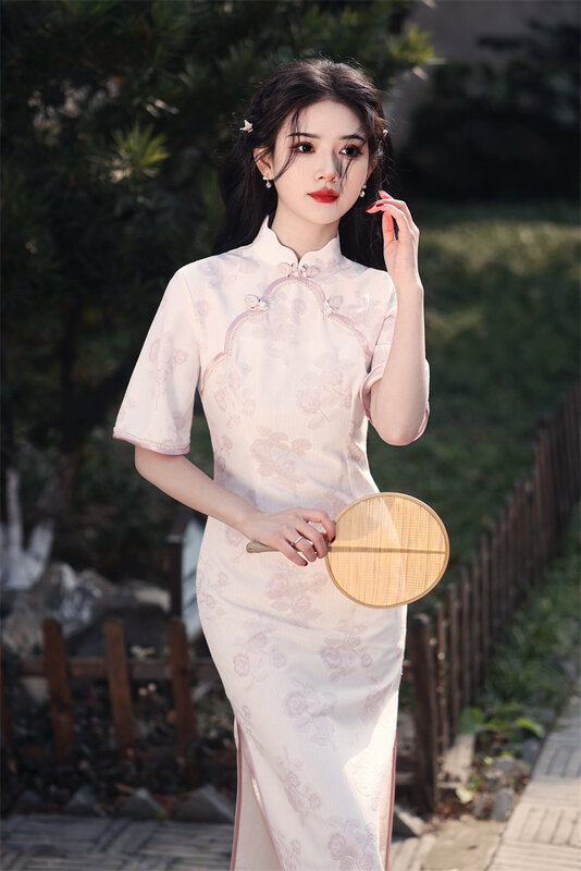 Vintage Chinese Traditional Casual Party Women Qipao Dress Summer New Stand Collar Short Sleeve Cheongsam Girls Daily Dress