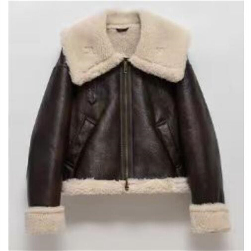 ZXRYXGS 겨울 우수한 부드러운 PU 가죽 코트, 모조 모피 라펠 칼라, 두꺼운 여성 재킷, 2024 새로운 패션 따뜻한 코트 타이드