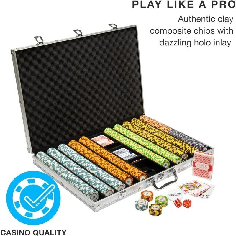 Brybelly 14 Gram 1000 Count Poker Set - Monte Carlo - 14G Clay Composite Chips with Aluminum Case, Playing Cards, Dealer Button