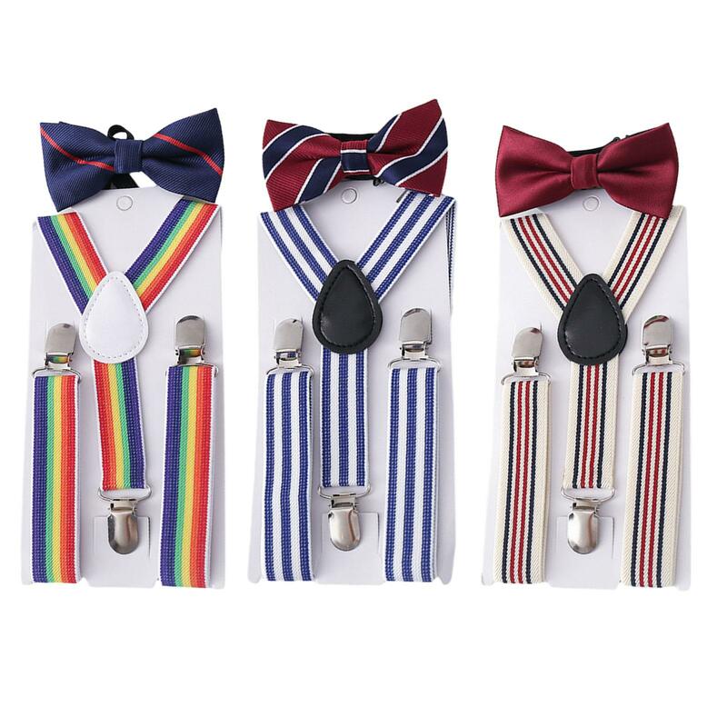 Conjunto de gravata suspensa infantil, suspensão de calças, elástico, ajustável, Y Back Brace, traje, festa, jeans, meninos, meninas, 3 clipes