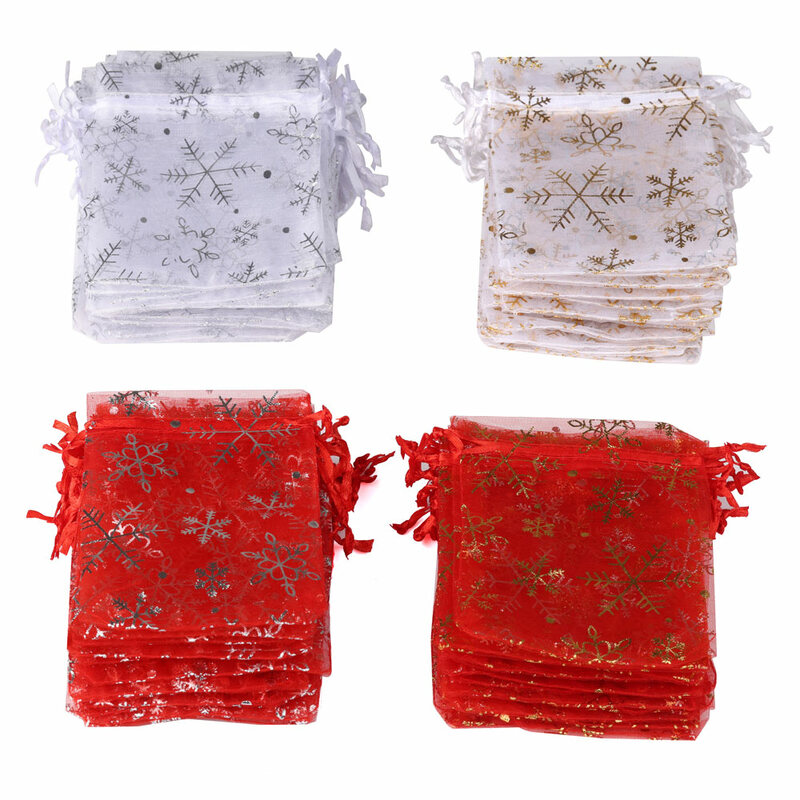 Bolsas de Organza con estampado de copo de nieve para joyería, embalaje de regalo de Navidad, dulces de boda, 7x9, 9x12, 10x15, 13x18cm, 50 unidades por lote