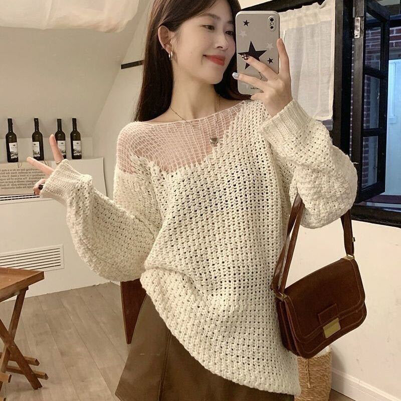 Spring Summer Spliced Hollow Out Long Sleeve O Neck Women Knitted Sweaters Fashion Sweet Elegant All-match Oversized Clothes Top