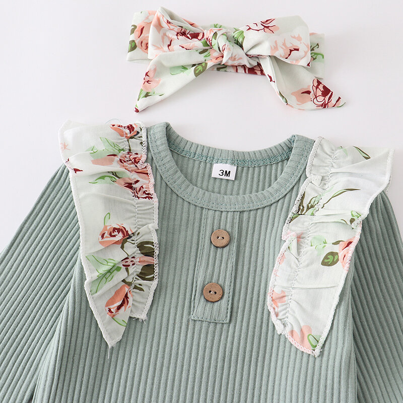 Jesienne i zimowe bawełniane ubrania dla dziewczynek zielony Romper Top kwiatowy spodnie z nadrukiem z kokardą na głowę odzież dla noworodka 3 sztuki stroje