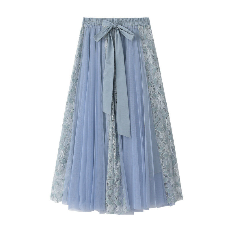 Spring 2024 new lace embroidered patchwork mesh skirt skirt with bow lacing high waist
