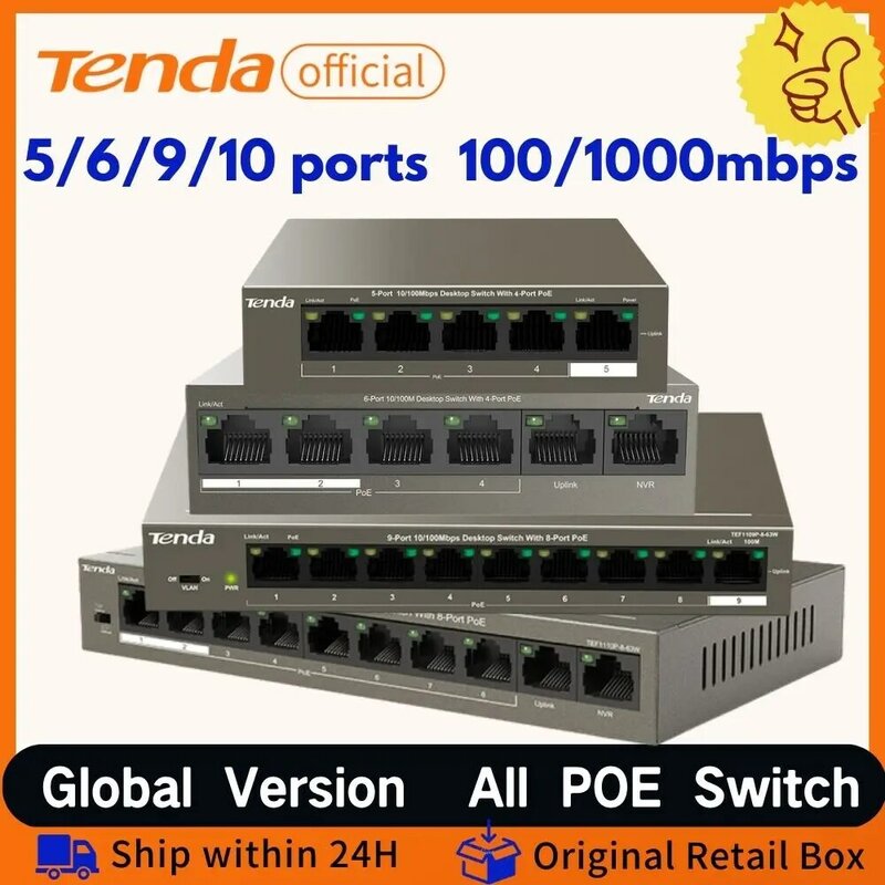 Poe Switch Ethernet Switch Tenda 5/6/9/10 Port 10/100mbps Netzwerk Poe Fast Switch 63W Netzteil für IP-Kamera Wireless AP