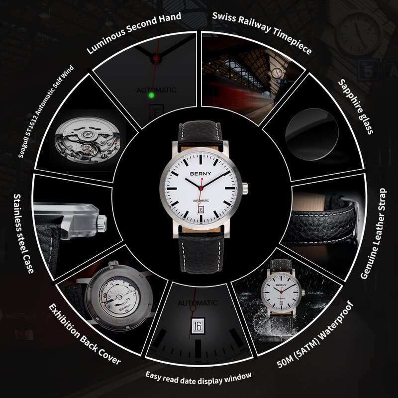 BERNY นาฬิกาผู้ชายนาฬิกาข้อมือบุรุษนาฬิกา Seagull แบรนด์หรูชายนาฬิกากันน้ำ Swiss Railway นาฬิกาข้อมือผู้ชาย