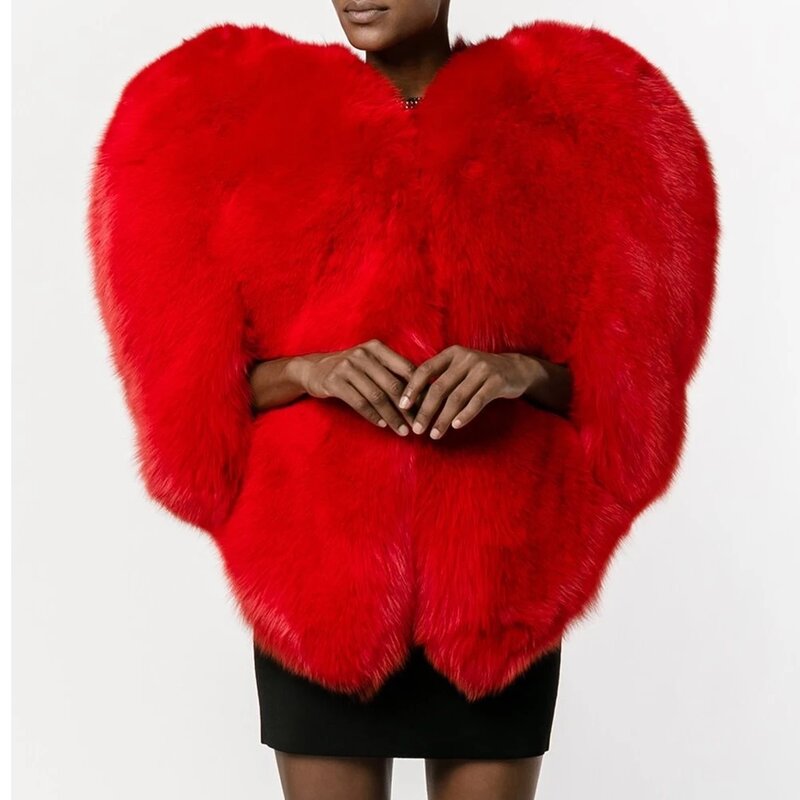 Moda 3d amor vermelho em forma de coração capa falso pele de raposa grosso quente celebridade mulheres longo peludo salsicha casaco outerwear inverno topo