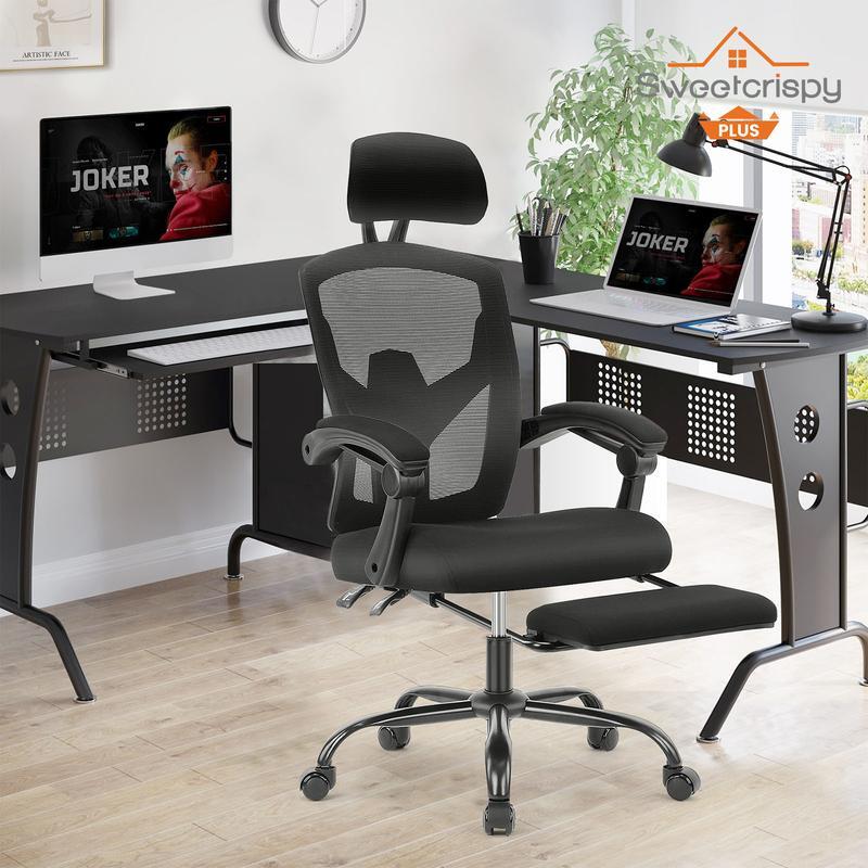 Chaise de bureau ergonomique à dossier haut avec oreiller lombaire et repose-pieds rétractable, chaise de bureau en maille avec accoudoirs rembourrés