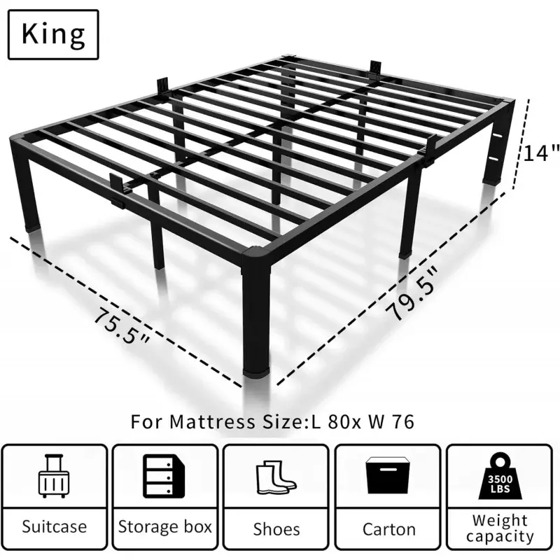 14 inch King Size Bed Frame Metal Platform No Box Spring Needed with Headboard Hole Round Corner Legs Mattress Stoppers Retainer