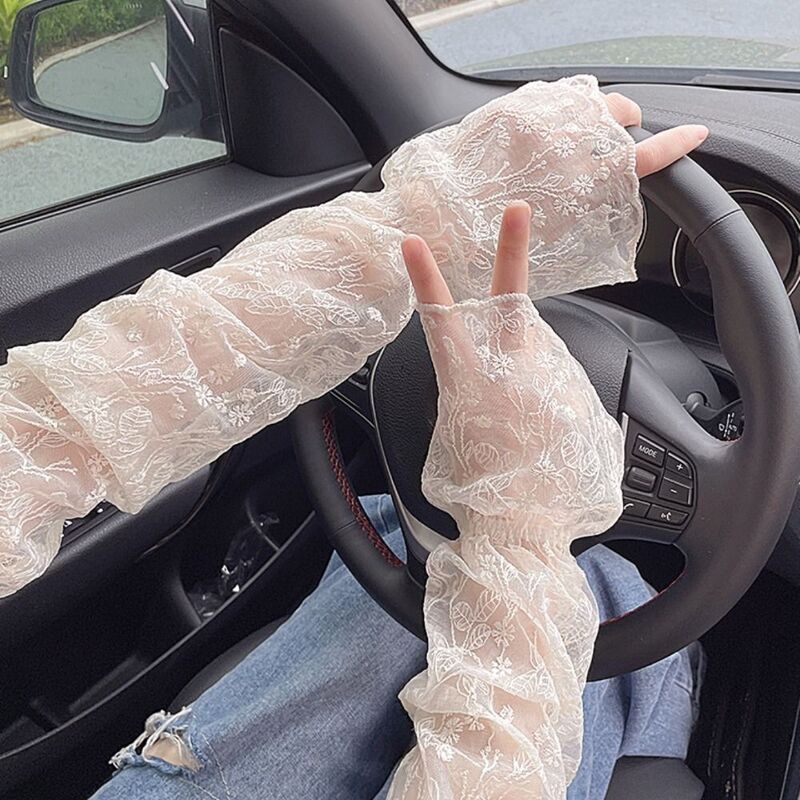 1 pair Sunscreen Lace Sunscreen Gloves Lady's Sleeve Lace lace Mesh Lace Sun Protection Sleeve Hollowed out Thin Running