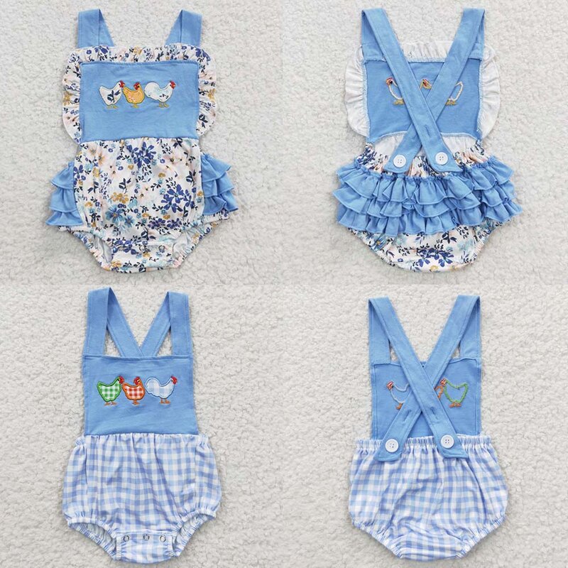 Оптовая продажа, комбинезон для новорожденных с вышивкой в виде курицы, комбинезон с цветочным рисунком синего цвета для малышей, для детей, летние костюмы для маленьких мальчиков и девочек