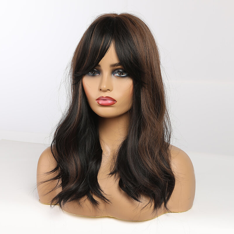 Rambut palsu wanita berombak alami panjang sedang lapisan hitam dan panjang bahu tiga dimensi rambut keriting