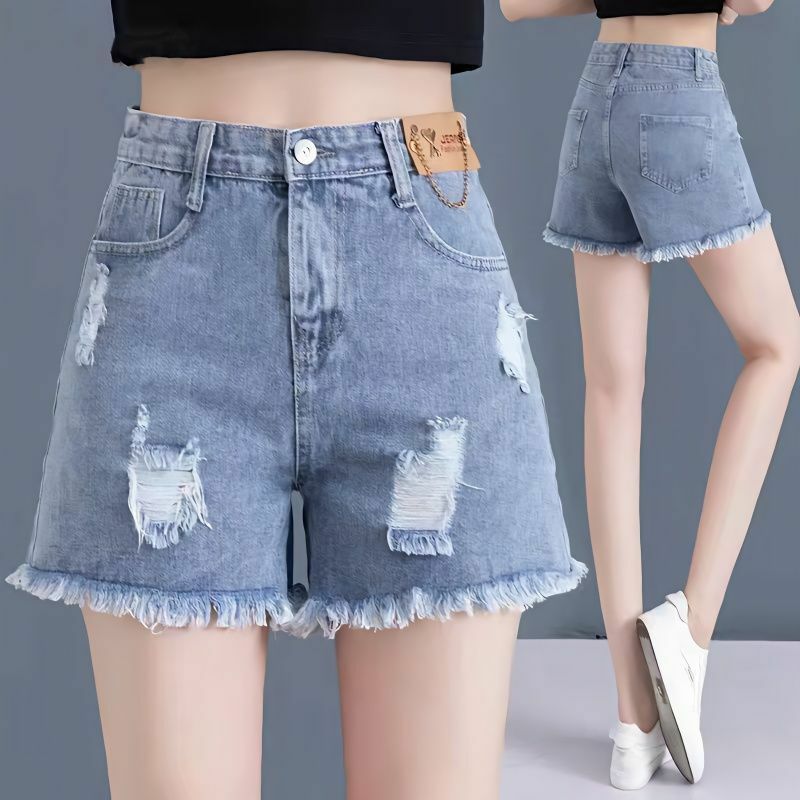 Shorts jeans perfurado feminino, cintura alta, fino, linha A, estilo fino, verão, novo, 2024
