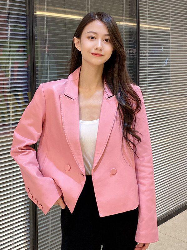 女性のための本革のシープスキンのコート,新しいスリムなピンクのジャケット,小さなショートコート