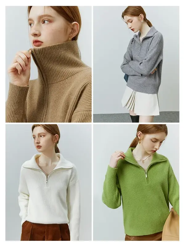 FSLE Longgar Nyaman Sweater Pullover Wanita Musim Gugur Musim Dingin Kerah Polo Nyaman Chic Desain Perempuan Zip-Up Pullover Pakaian Rajut
