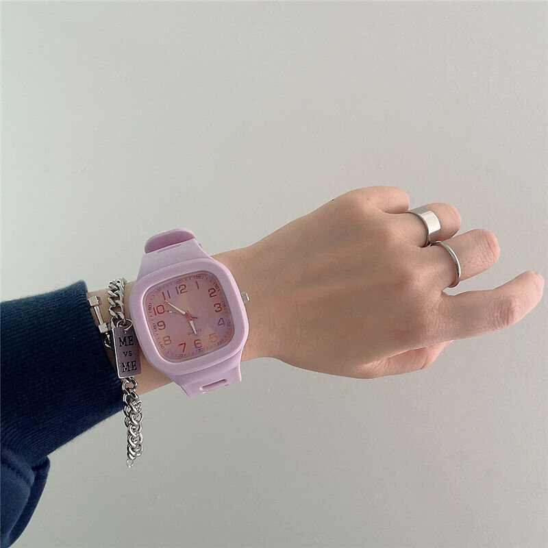 นาฬิกาหน้าปัดทรงสี่เหลี่ยมนักเรียน MODE Korea นาฬิกาผู้หญิงพอยน์เตอร์ดิจิตอลนาฬิกาผู้หญิงซิลิโคน