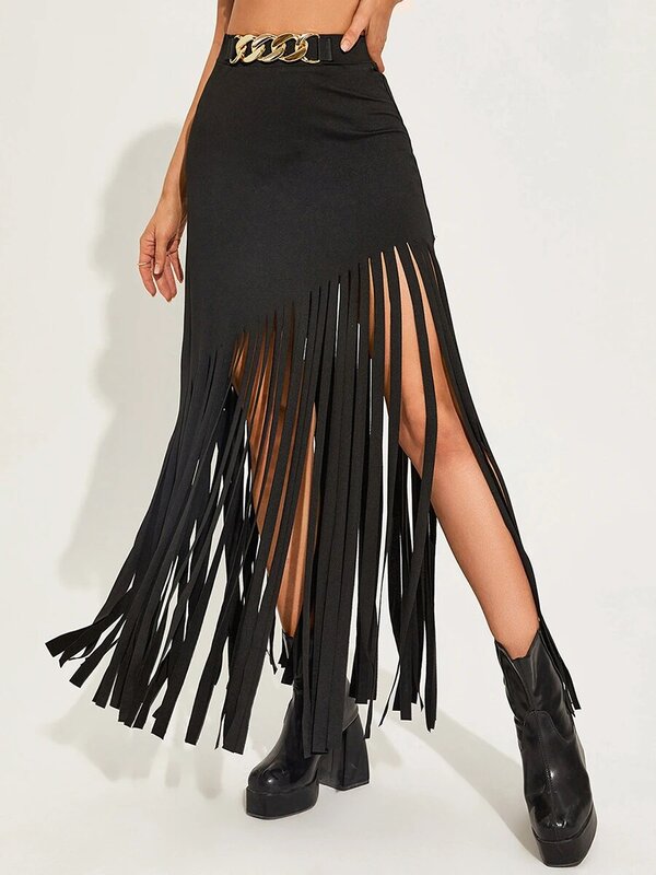 Edhomenn Women Y2k Tassel Skirt Elegant Fringe Midi Skirt Stylish High Waisted Long Skirt Streetwear