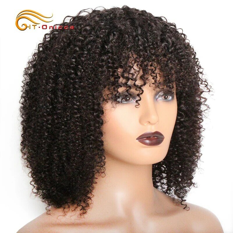 Pelucas de cabello humano rizado corto para mujeres negras, sin encaje frontal, flequillo, brasileño, Remy, Bob