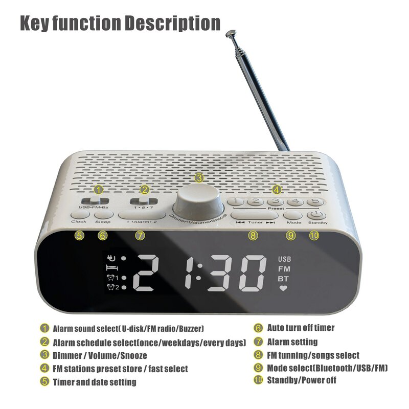 Radio con orologio FM con riproduzione in Streaming Bluetooth Display a LED doppia sveglia altoparlante hi-fi da 1500MAh con unità Woofer