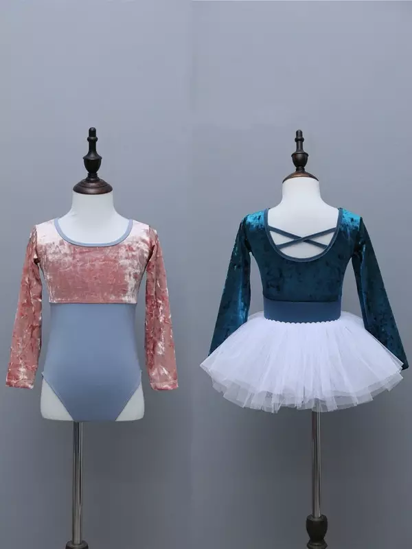 Strój baletowy dla dziewczynek wielokolorowy trykot z długim rękawem + strój tiulowa spódnica Tutu dla dzieci gimnastyka treningowa