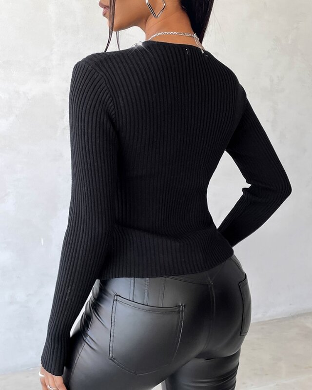 Y2K 패션 여성 스웨터, 기본 다용도 V 넥 오버랩 라인석 장식 니트 스웨터, 캐주얼 단색, 2023 겨울 신상