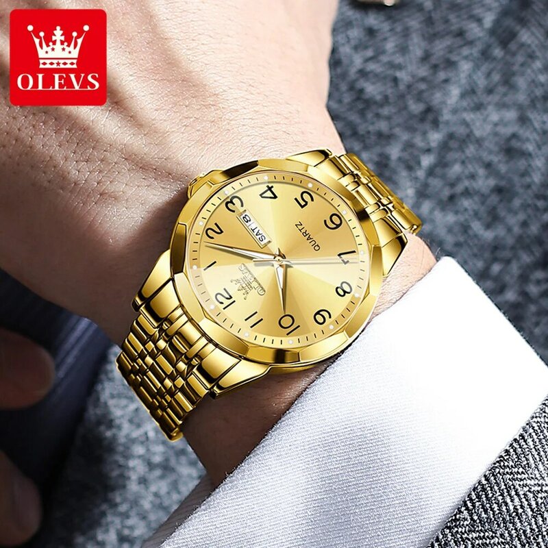 OLEVS-Reloj de acero inoxidable para hombre, cronógrafo de cuarzo dorado, de lujo, a la moda, de negocios, informal, resistente al agua, con fecha