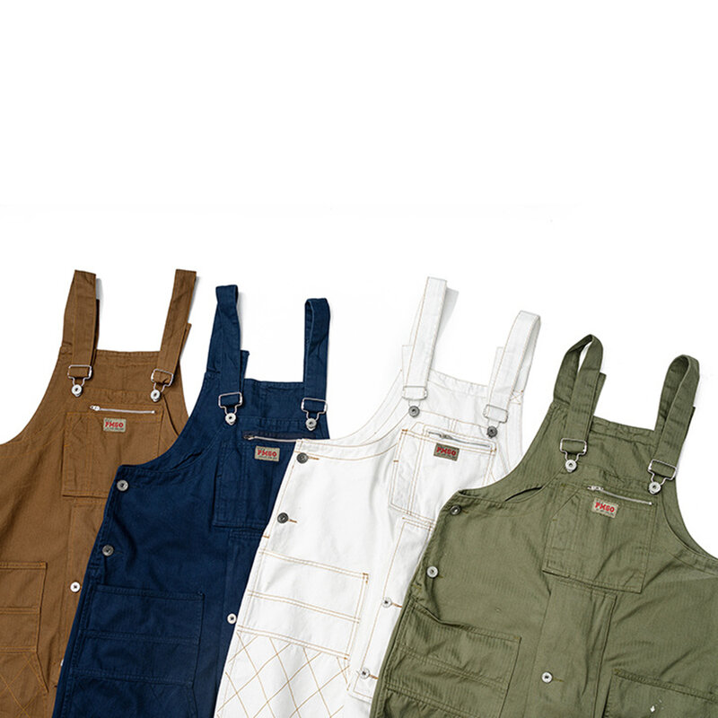 American-style Jie Ami Khaki Overalls Men's Trendy Brand Tooling Suspenders Multi-pocket Jumpsuit Loose Work Trousers