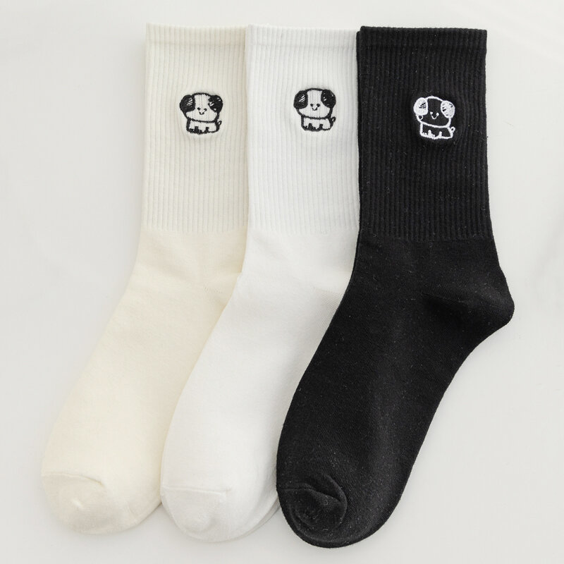 1 Pair Women Cotton Loose Socks Embroidered Cute Dog Knitting Solid Color Long Black White Student Girls Stockings Wholesale