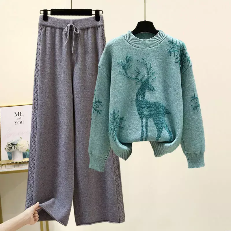 Set aus zwei Modestücken für Langarm druck Pullover All-Match-Hose mit hoher Taille und weitem Bein für Frauen