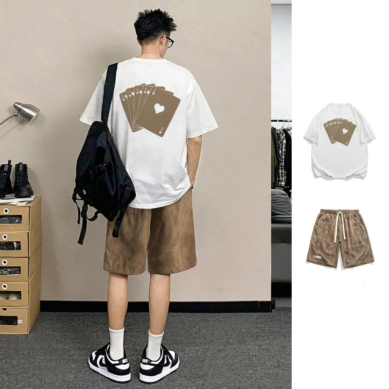 Camiseta de manga curta e shorts de algodão puro, tudo combina tops soltos, homem casual Harajuku T pescoço O, streetwear, estampa verão