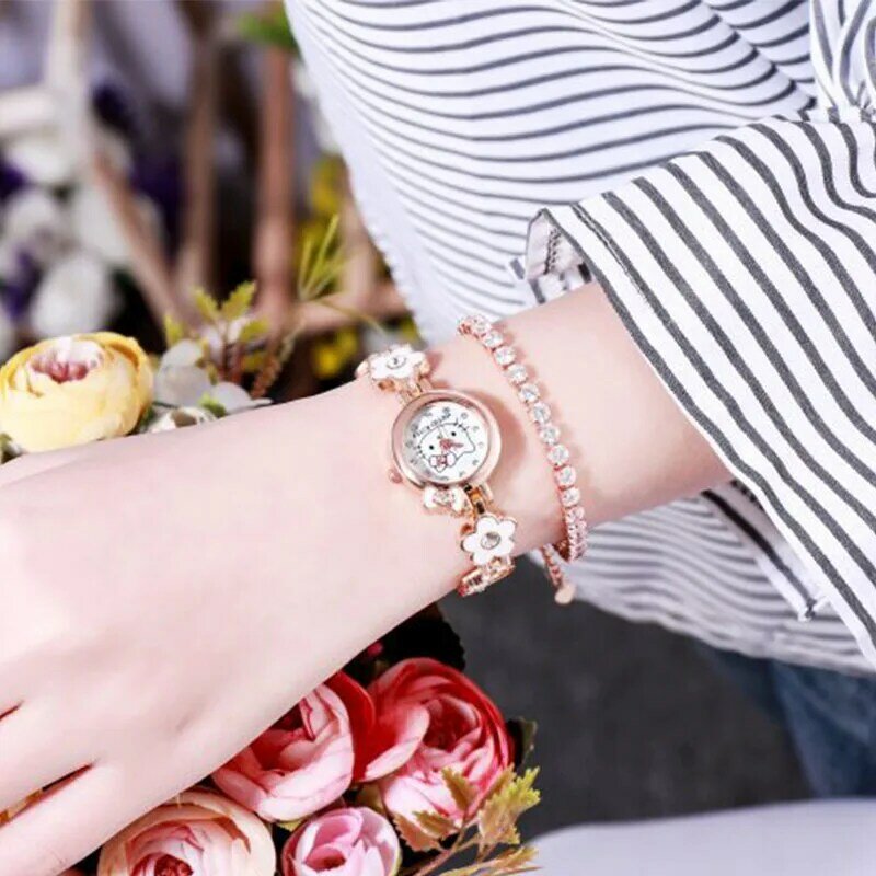 Sanrio jam tangan Hello Kitty Kawaii Kt, arloji kucing Flip kreativitas berlian, perhiasan gelang wanita hadiah mainan