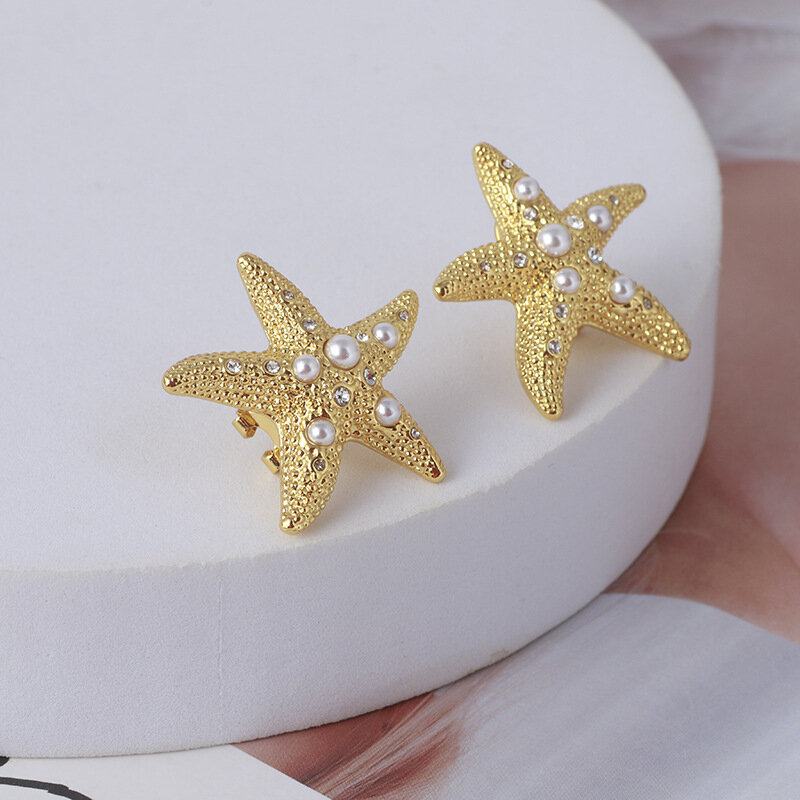 Golden Starfish pearl stud earrings new exaggerated irregular women classic fine jewelry
