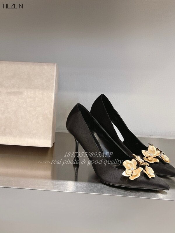 2024 early spring new beautiful silk flowers pointed shallow mouth sexy super high heel single shoes women