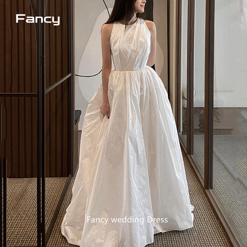 Fancy Simple A Line Taffeta Korea Wedding Dresses Photo shoot O-Neck Floor Length Bridal Gowns Lace Up Back Plus Size