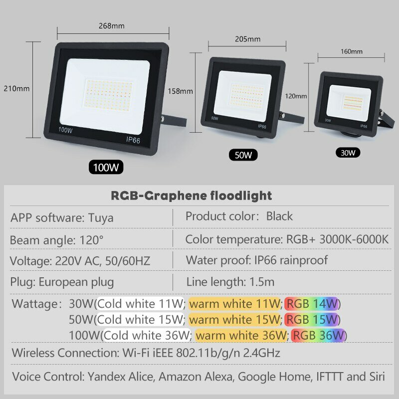 TUYA lampu sorot aplikasi pintar RGB, kontrol suara RGBCW CCT 3000-6500K 30W 50W 100W 220V AC untuk pencahayaan luar ruangan pesta kebun