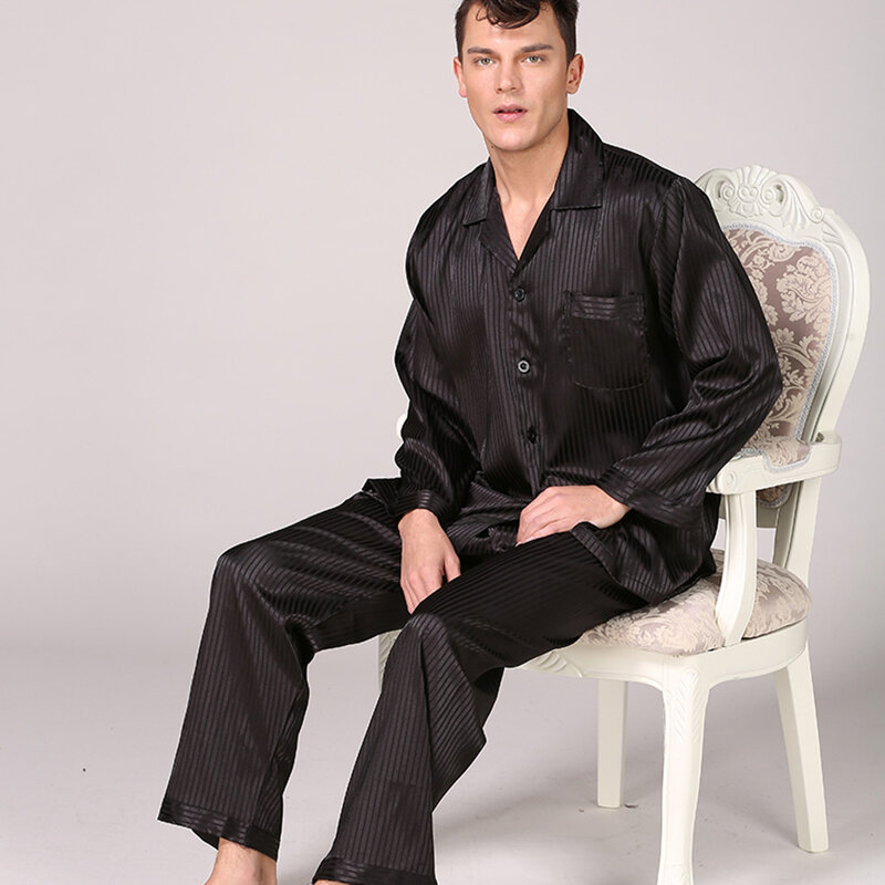 Рубашка мужская с отложным воротником, жаккардовая атласная пижама в полоску, пижама с длинными рукавами, домашняя одежда, весна-осень