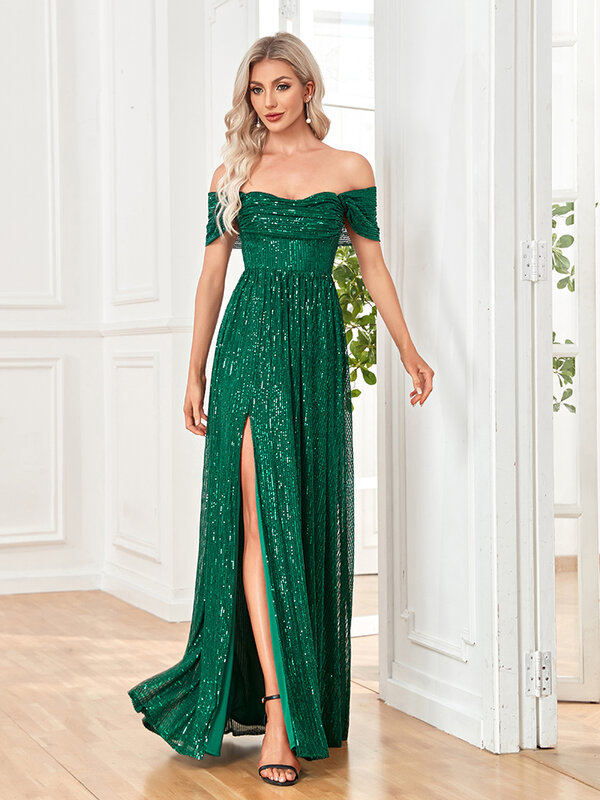 Lucyinlove 2024 Women Green Sexy Off-shoulder Sequin Dresses Elegant Evening Dress Party Maxi Gowns Slit Ladies Trailing Prom