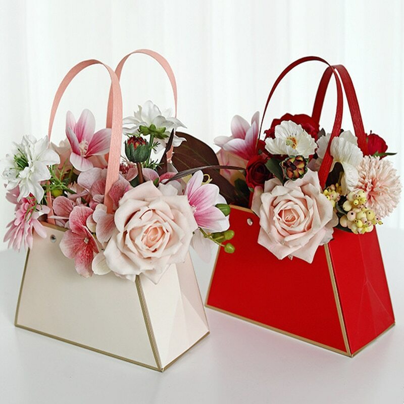 Cesta de regalo para boda, Día de San Valentín, fiesta de cumpleaños, tienda de flores, cajas de flores portátiles, bolsa de papel de embalaje de rosas, bolso de mano de flores