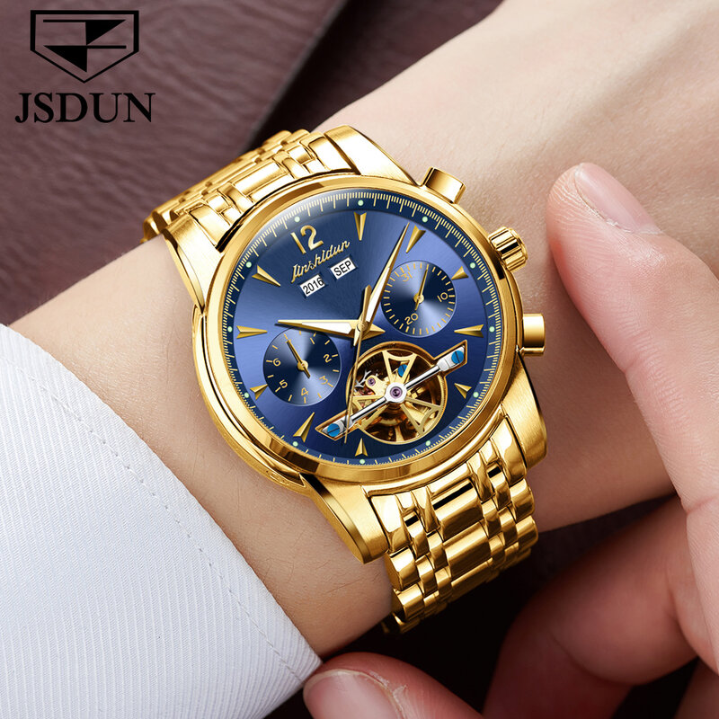 JSDUN-reloj mecánico de acero inoxidable para hombre, cronógrafo con correa de acero inoxidable, de lujo, a la moda, resistente al agua