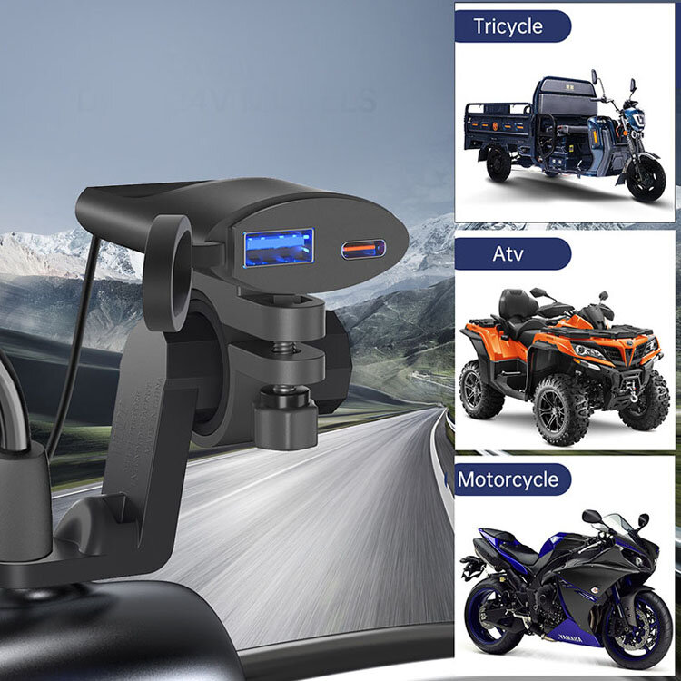 Soquete USB da motocicleta, Espelho Retrovisor Suporte de Expansão, Carregamento Rápido Adaptador, 12V, 30W, PD, 18W, QC3.0PD
