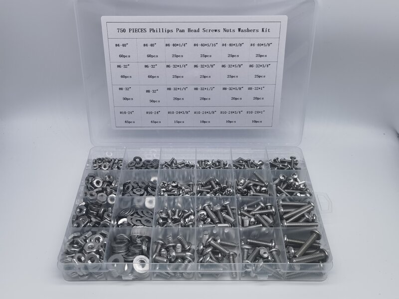750 Pcs #4-40#6-32#8-32#10-24Phillips Pan Head Assortment Stainless Steel Bolts Nuts Flat Washers Nuts Bolts 304 Stainless Steel