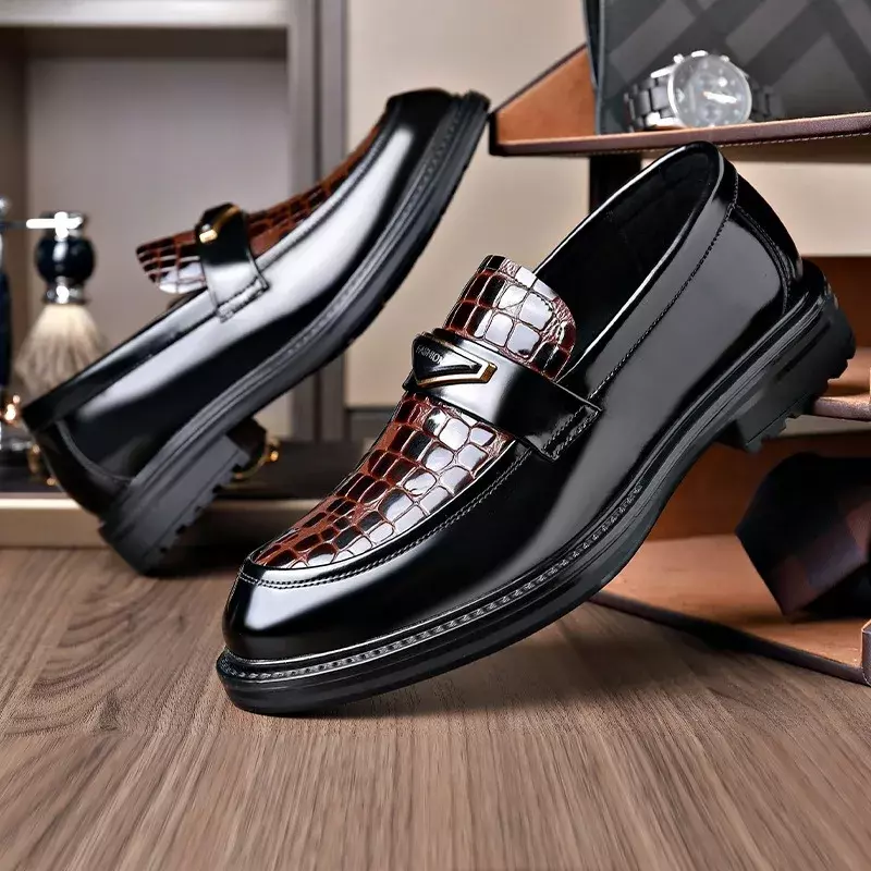 New Cowhide Crocodile Pattern Men's Dress Shoes Spring Autumn British Style Loafers Male Business Wedding Leather Shoes