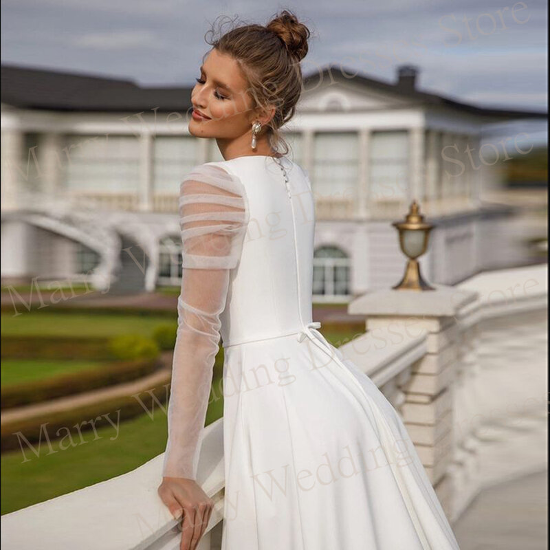 Elegante affascinante una linea abiti da sposa moderno colletto quadrato abiti da sposa manica lunga in raso con spacco laterale alto Vestido De Novias