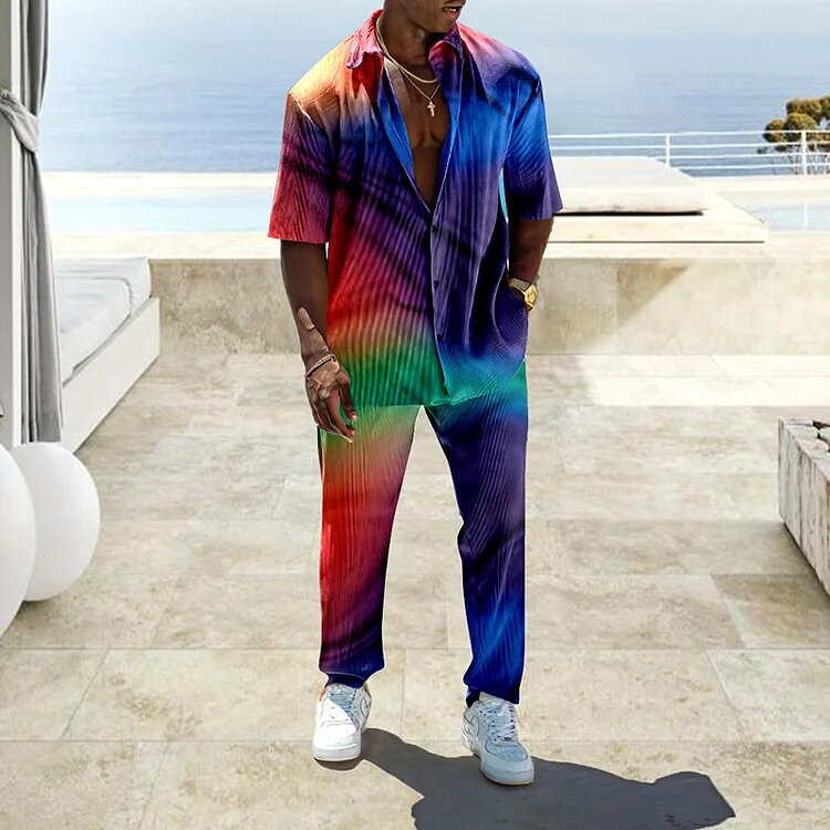 Conjunto de camisa e calça colorida geométrica estampada manga curta masculina, roupa casual, estilo férias, MB5-ML4