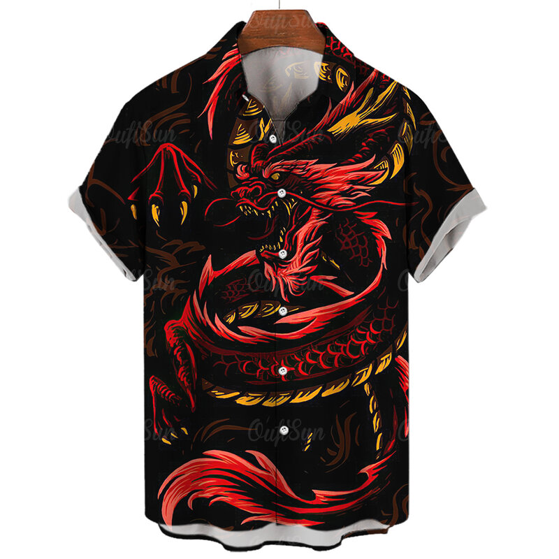 Рубашка мужская приталенная с 3D-принтом дракона, модная Гавайская классическая сорочка в винтажном стиле, Повседневная блуза, лето