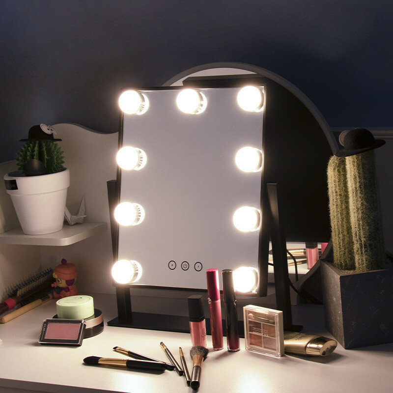 Espejo de maquillaje con luz LED portátil, luces de tocador compactas, espejos de bolsillo, lámpara plegable de mano para cosméticos, regalo