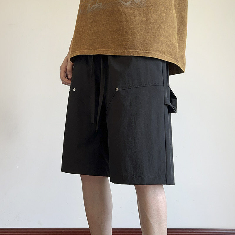 Men's Summer Elastic High Waist Solid Pockets Shorts Casual Workwear Sports Loose Short Trousers Korean Fashion Vintage Shorts