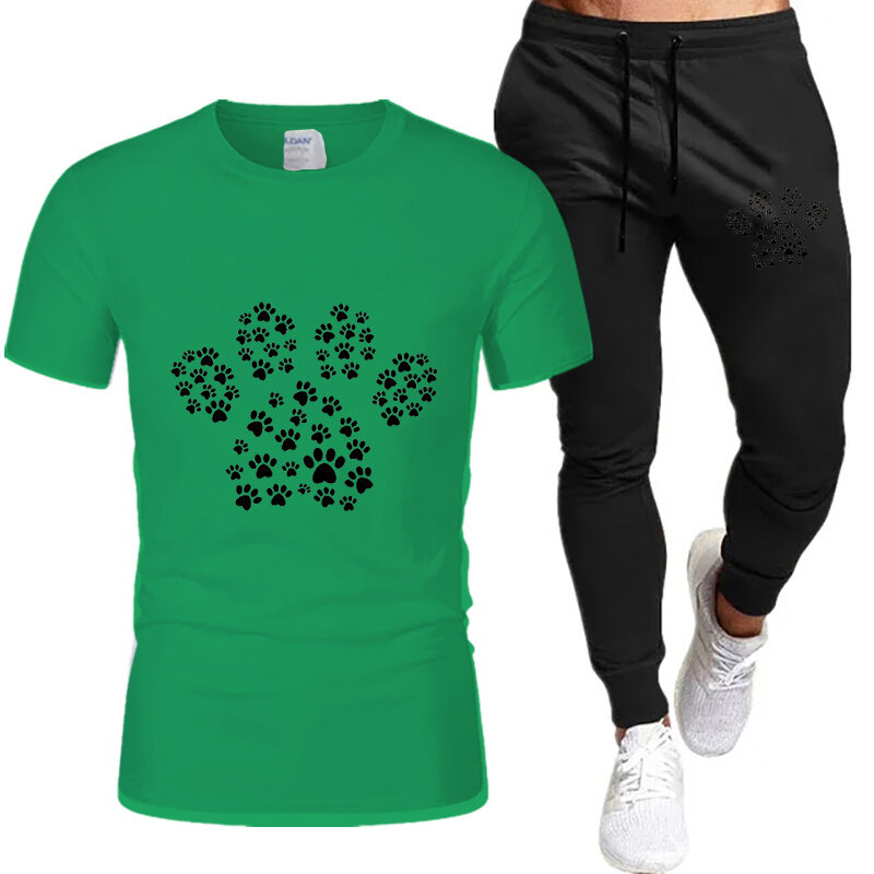 Conjunto de dos piezas para hombre y mujer, camiseta Kawaii con estampado de pata de perro, Camiseta clásica y pantalones, 2 piezas